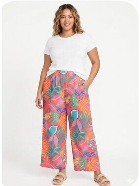 C&C California Womens XL Tropical Print Wide-Leg Linen Pants Elastic Waist Pocke